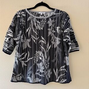 Chico's Black and White Floral Stripe Knit Blouse